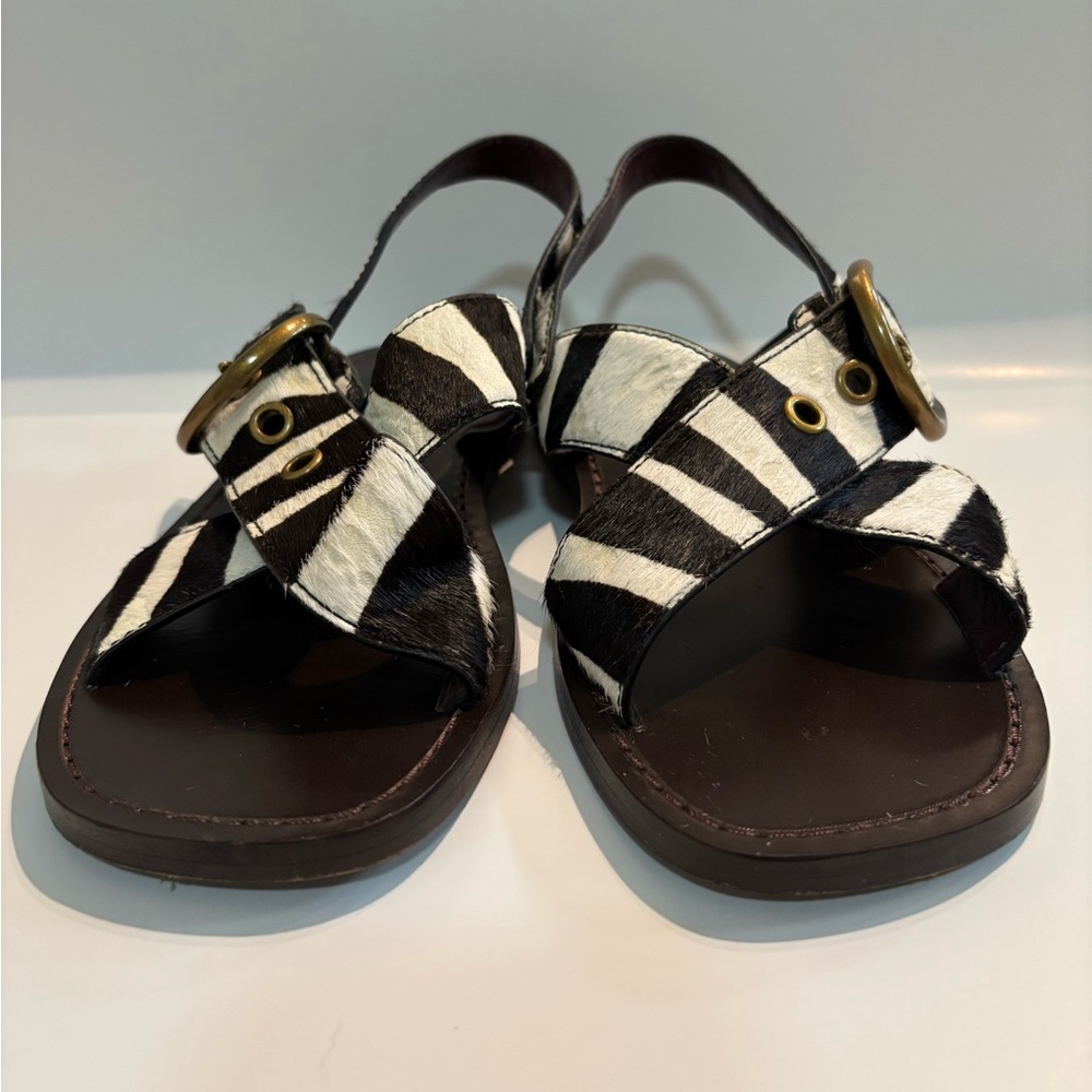 Marc Jacobs Patti Zebra Print Hair Sandals with Gold Buckle, Sz 37